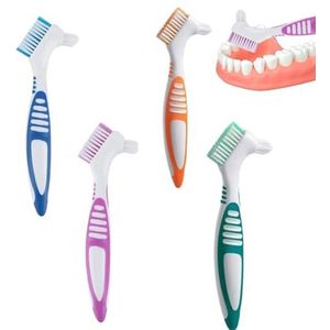 Dubbelzijdige prothesenreinigingsborstels, 4 stuks prothesetandenborstel, mini-tandenborstel, gebitsborstel, draagbare borstel voor valse tanden, voor kunstgebitten, tandprothesen, gebit, retetainer