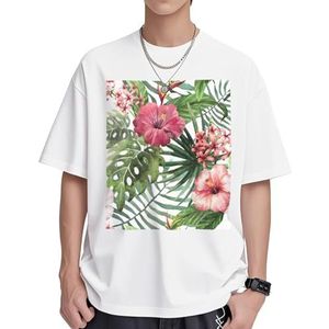 Katoenen T-shirts voor dames, met tropische bladerenprint, casual tuniek met korte mouwen, ronde hals, zomer, basic, losse pasvorm, Wit, S