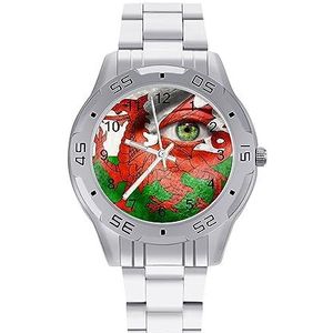 Wales vlag op gezicht met groene ogen heren polshorloge mode sporthorloge zakelijke horloges met roestvrij stalen armband, Stijl, regular
