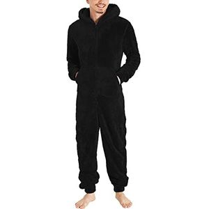 Jumpsuit met capuchon voor heren winter teddy fleece romper pluizige pluizige onesie rits warme jumpsuit winter overall met zakken nachtkleding zwart van vrijdag uitverkoop, Zwart, 5XL