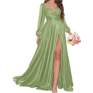 AHERKLL Bruidsmeisjesjurken met lange mouwen voor bruiloft, satijnen formele avondfeest, maxi-jurk met split HAH056, Salie, 42