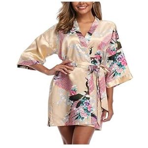 VONCYKI Satijnen zijde vrouwen bruiloft bruidsmeisje gewaad sexy kraan print badjas korte lange kimono nachtjapon gewaad mode ochtendjas vrouw (geel, XXXL)