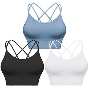 Sykooria Sportbeha voor dames, gevoerde bustier voor dames, beha zonder beugel, spaghettibandjes, cross-back design, push-up beha, sportbeha, top voor yoga, fitness, A-zwart+lichtblauw + wit, L