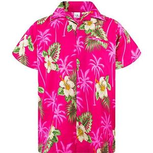 Funky Hawaiiaans Overhemd, Hawaii-Overhemd, Korte Mouw, Small Flower, Magenta Roze, M