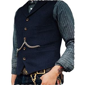 AeoTeokey Klassieke Mens Wol Tweed Pak Vest Casual Mouwloze Jas Visgraat Vest voor Smoking, marineblauw, 3XL