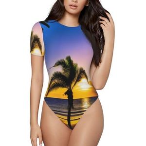 KHDKLXOHZ 3d Hawaii Beach Bodysuits voor dames - shapewear met korte mouwen, ronde hals, rekbare basic T-shirt tops, casual slim comfortabele pasvorm turnpak-onesie, 3d, S