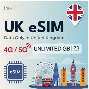 travSIM eSIM UK| Onbeperkt Data Plan Only | 4G/5G Snelheden | Werkt in het hele Verenigd Koninkrijk | eSIM voor het Verenigd Koninkrijk is 30 dagen geldig