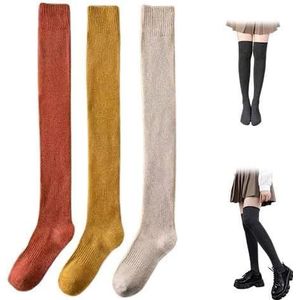 Verdikte hoge kousen, dames knielengte sokken, katoen gebreide warme dikke lange laars kousen. (Eén maat,3PCS-B)