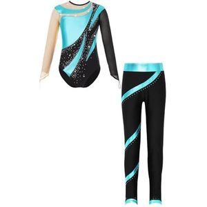 UMDGJRBW Turnpakje voor meisjes, turnpakjes voor kinderen, ballet, dansoutfits, turnpakje voor meisjes, glanzend, lange mouwen, kunstschaatsen, bodysuit met broek, 6-16 danskledingsets, Blauw Groen,
