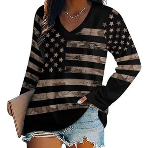Amerikaanse vlag woestijn camouflage dames casual T-shirts met lange mouwen V-hals bedrukte grafische blouses T-shirt tops M