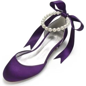 KYEGLO Satin Ballerina's Met Gesloten Neus Voor Bruiden, 2,5 Cm - Parelversiering, Enkelbandje, Elegante Trouwschoenen Voor Trouw- En Feestjurken,Purper,36 EU