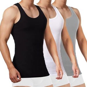 FALARY Onderhemd heren tank top 3-pack 100% katoen tanktop fijne rib mouwloos spiershirt mannen sportonderhemden, zwart, wit, grijs., L