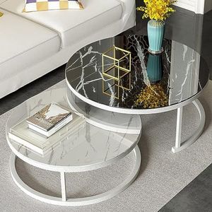 Nesting salontafel-ronde salontafels, set van 2 nesttafel met opslag open plank voor woonkamer moderne minimalistische stijl meubels, ruimtebesparend (kleur: wit frame, maat: 80 cm zwart+60 cm Wh