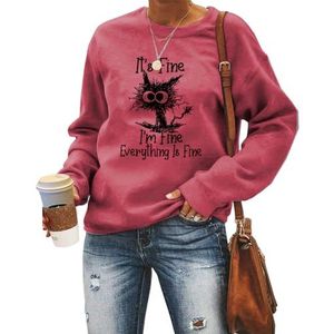 MLZHAN It's Fine I'm Fine Everything Is Fine Dames Sweatshirt Grappig Explosief Haar Kat Print Shirts Lange Mouw Truien Top, Rood, S