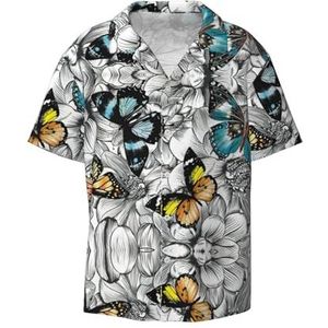 TyEdee Paarse vlinders bloemenprint heren korte mouw jurk shirts met zak casual button down shirts business shirt, Zwart, S