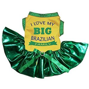 Petitebelle Ik hou van mijn grote Braziliaanse familie katoenen Shirt Tutu Puppy hond jurk (medium, geel/Bling groen)