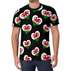 Welsh Dragon Flag with Heart Heren T-shirt met korte mouwen casual ronde hals T-shirt mode zomer tops