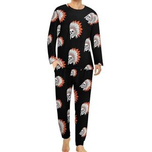 American Indian Eagle Chief Skull Comfortabele Heren Pyjama Set Ronde Hals Lange Mouw Loungewear met Zakken XL