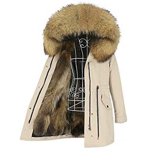 Lea Marie Dames Luxury PARKA XXL kraag van 100% echt bont jas mantel vossenbont binnenvoering, beige, XL