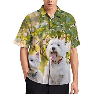 Westie Hawaiiaans overhemd met bloemenprint voor heren, zomer, strand, casual, korte mouwen, button-down shirts met zak
