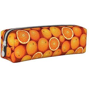 XUZHANG Leuke Oranje Fruit Patroon, Potlood Pouch Pen Case Draagbare Lederen Potlood Tas met Rits Cosmetische Pouch Bag, zoals afgebeeld, Eén maat, Tas Organizer