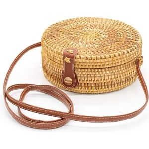 Dushuangqing Handgemaakte ronde gras geweven rotan crossbody tas voor vrouwen, met lederen schouderbanden, Beige