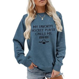 MLZHAN Vrouwen Hockey Sport Sweatshirts Mijn Favoriete Hockeyspeler Calls Me Mom Shirt Moederdag Casual Mama Sweatshirt, Blauw, S