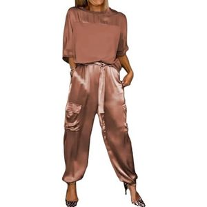 Beautyhis Soepele satijnen top en broek set met halve mouwen, zomer casual satijnen 2-delige outfit, jogger lounge twee set, Bruin, S
