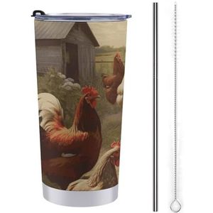 LHDGSJE Kippen en boerderij geïsoleerde beker herbruikbare roestvrijstalen mok reizen koffiemok lekvrij grote capaciteit auto beker geïsoleerde waterfles past in auto bekerhouder