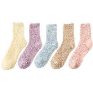 BOSREROY Pluizige warme damessokken, 5 paar, effen donzige sokken voor de winter, casual dik comfortschoeisel voor dames en meisjes, Meerkleurig, One Size