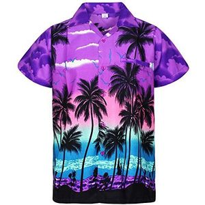 V.H.O. Hawaïhemd, voor heren, korte mouwen, borstzakje, hawaïprint met strand, palmen en zee, paars, Beach Violet, XS