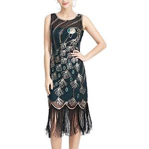 keepmore Dames vintage pailletten jurk - 1920s Great Gatsby gala jurk O-hals kwastje Deco kralen partij retro jurken, Groen, S