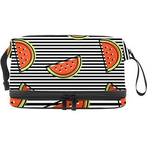 Dubbele Laag Cosmetische Tas Rode Zomer Watermeloen Zwarte Strepen Draagbare Make-up Tas Reizen Organizer Pouch Voor Vrouwen Meisjes Toiletartikelen Tassen, Meerkleurig, 27x15x14 cm/10.6x5.9x5.5 in, Make-up zakje