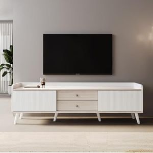 Aunvla Tv-kast met twee laden, TV tafel TV board, TV lowboard lage plaat met twee schuifdeuren. Prachtige textuur. Wit en natuurlijke houtkleur. H58/L160/T40 cm.