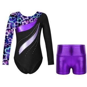 LYHYDMA Gymnastiekpak met lange mouwen, balletpak voor kinderen, trainingspak met shorts, danskleding, set voor meisjes, yoga, unitard, Neon Zwart, 10