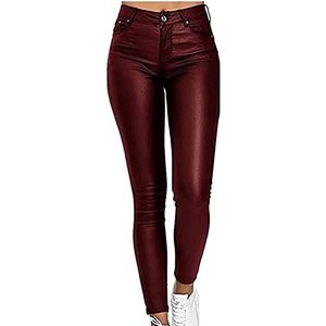 XUEBIN Leren dameslegging met zak, skinny elastische broek, kunstleer legging, Rode Wijn, XL