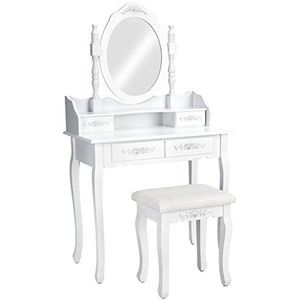 tectake® Make up tafel - Kaptafel met kantelbare spiegel - Make-uptafel met lades - Veel opbergruimte - Ideaal voor slaapkamer en tienerkamer - Wit - Sierlijk