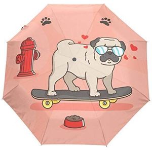 Schattige Skate Pug Automatische Opvouwbare Paraplu UV-bescherming Auto Open Sluiten Vouwen Winddicht Zonneblokkering voor Reizen Strand Vrouwen Kinderen