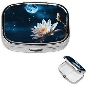 Vierkante pillendoos draagbare metalen pillenetui 2 compartimenten kleine reizen pillenorganisator bloem en maan vitamines houder organizer voor portemonnee zak