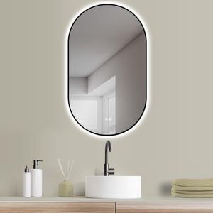 HOKO Design LED ANTICONNEL spiegel ovaal 60 x 100 cm + metalen frame zwart. HOGE + dwarsmontage. Badkamerspiegel LED verlicht + touch schakelaar LED licht wissel