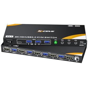 YOUTINGHDAV 8K KVM Switch 4 PC 1 Monitor HDMI 8K @60Hz 4K @144Hz, HDMI2.1 USB 3.0 KVM Switch 4 poorten voor 4 PC delen toetsenbord, muis, met 4 USB-kabels, voeding en kabelafstandsbediening