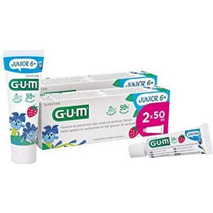 GUM JUNIOR Toothpaste | specially designed for new permanent teeth | children aged 6+ | strawberry flavour | 50ml | 2 x 50 (with 1 Bonus Sample)
