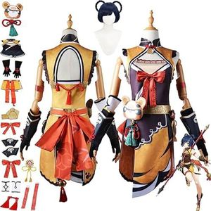 Genshin Impact Xiangling Cosplay Kostuum met Pruik voor Dames Meisjes, Spelkarakters Hutao Raiden Shogun Uniform Volledige Set Halloween Verkleedpak,Oranje,XXL