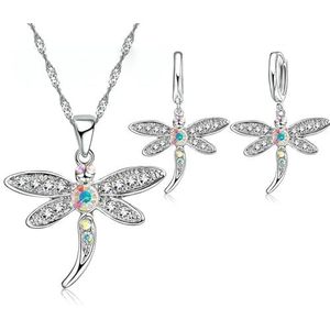 Glitter gekleurde Cubic Zircon ketting oorbellen sieraden Sets voor vrouwen meisjes Crystal Dragonfly echte 925 Sterling Zilver kleur