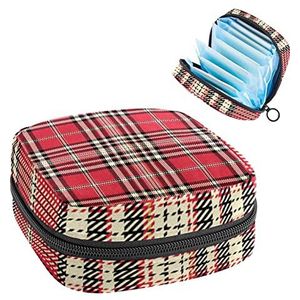 Maandverband Opbergtas,Draagbare maandverband Opbergzak,Rode crème Classic Plaid Geruite, Meerkleurig, 4.7x6.6x6.6 in/12x17x17 cm