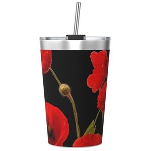 BeNtli 12 oz mok, geïsoleerde beker met conische rietje, reisfles voor koffiemok, rode papaver bloeit abstract zwart kleurrijk bloemen