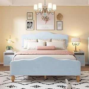Slaapkamerset, modern design gestoffeerd bed + 2 x nachtkastje, nachtkastje met 2 laden, slaapkamermeubelset, fluweel, blauw (140x200 cm)