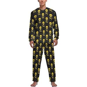 Gele schedel zachte heren pyjama set comfortabele lange mouwen loungewear top en broek geschenken XL