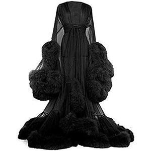 Sexy Illusie Lange Lingerie Robe Nachtjapon, Veer Robe Bont Trim Robe Nachtjapon Badjas, Badjas Nachtkleding Feather Bruids Robe Bruiloft,Black