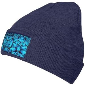 FRGMNT Veel blauwe vlinderprint mutsen voor de winter, slouchy mutsen voor dames en heren, gebreide warme wintermutsen voor vrouwen, Donkerblauw, Eén Maat